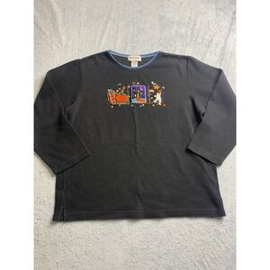 Hampshire Studio Women's Black Halloween Embroidered Pullover Top Size L vintage